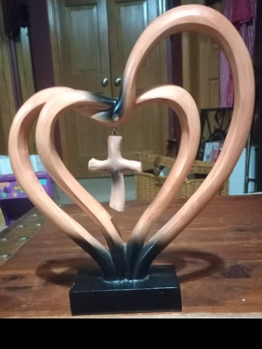 Heart-Shaped Wooden Cross Table Sculpture - Natural and Black